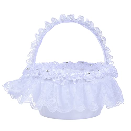 Blumenkorb geeignet für Hochzeitszeremonie, kleine weiße Blumenmädchenkörbe mit Spitzengriff, Kunstblumen, Deocr kleiner Mädchenkorb mit Griff für Strandhochzeiten, weiße Spitzenblumen, Hochzeit von YAOGUI