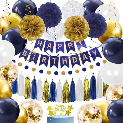 Party-Dekorationen, Blau und Silber, Marineblau, Gold, Weiß, Happy Birthday Party-Dekorationsset – Banner, Luftballons, Wirbel, Quasten-Girlande von YAOSHENGUP