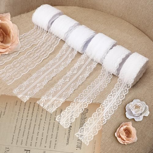 Spitzenband, 6 Rollen 60m Spitzenband Weiß Vintage Spitze Geschenkband Spitzenbordüre Spitzenborte Schleifenband Spitze Zierband Zum Nähen für Hochzeit Tischdeko Basteln Geschenkband (3/4/4.5 cm) von YAOSHENGUP