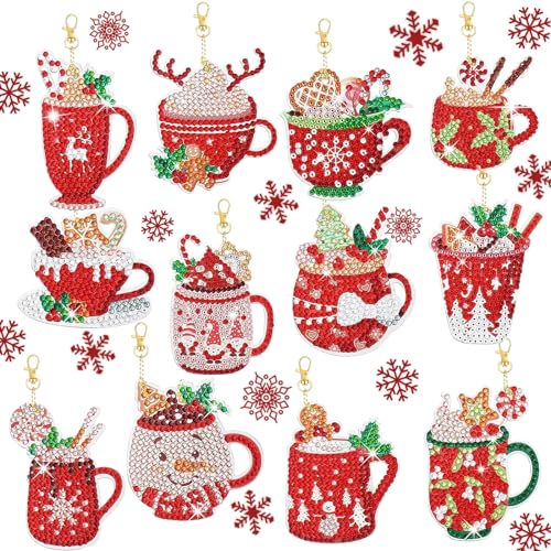 YAOYIN 5D Diamond Painting Weihnachten Anhänger 12er Set - Kinder Bastelset für DIY Weihnachtsbaum Deko - Schlüsselanhänger von YAOYIN