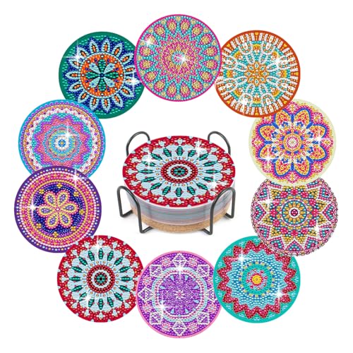 YAOYIN Diamond Painting Untersetzer, 5D Diamond Painting Kinder Erwachsene, 10er Set DIY Bastelset Kinder, mit Halter Mandala-Untersetzer, Basteln Mädchen 8 9 10 11 12 Jahre Kinder Geschenke von YAOYIN