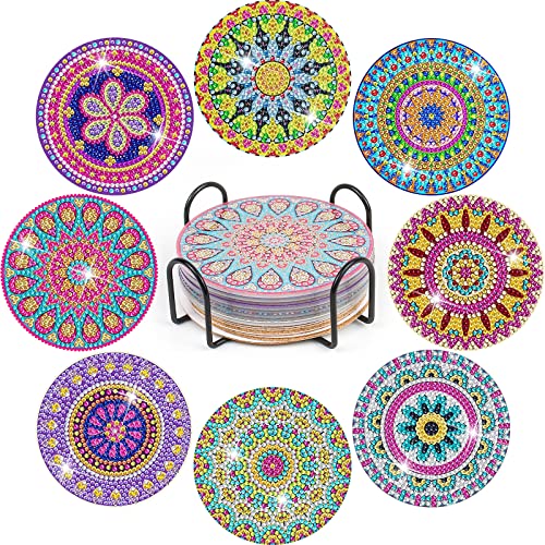 YAOYIN Diamond Painting Untersetzer, 8er Set DIY Diamond Painting Erwachsene Untersetzer mit Halter, 5D Diamond Painting Kinder Art Mandala, Kerzen Untersetzer Rund Boho Für Gläser Weingläser Vasen von YAOYIN