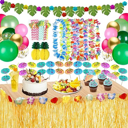 YAOYIN Hawaii Party Deko Set, 118 Stück Hawaii Luau Tischröcke Ballon Kit, Hawaii Deko mit Blumenkette Luftballons Palmenblätter Ananas 3D Fruchtstrohhalme für BBQ Tropischen Garten Tiki Sommer Party von YAOYIN