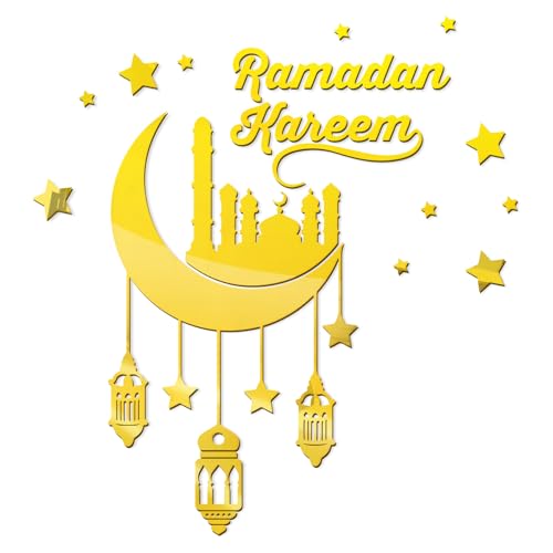 YAOZUP Ramadan Kareem Deko,Ramadan Aufkleber Wanddekoration, Ramadan Kareem Sticker,Acryl Mond,Sterne & Buchstaben Selbstklebende Aufkleber Golddekor, Ramadan Deco für Wand Tür Fenster Ornamente (C) von YAOZUP
