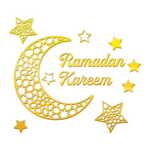 YAOZUP Ramadan Kareem Deko,Ramadan Aufkleber Wanddekoration, Ramadan Kareem Sticker,Acryl Mond,Sterne & Buchstaben Selbstklebende Aufkleber Golddekor, Ramadan Deco für Wand Tür Fenster Ornamente (A) von YAOZUP