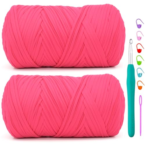 T-Shirt-Garn zum Häkeln, Hot Pink, T-Shirt, weicher, elastischer Stoff, grob, dick, T-Shirt-Häkelgarn zum Häkeln, Stricken, Anfänger, Handstricken, Tasche, Basteln, Heimdekoration, 2 x 400 g, Hot Pink T-Shirt-Garn zum Häkeln, Hot Pink, T-Shirt, weicher, elastischer Stoff, grob, dick, T-Shirt-Häkelgarn zum Häkeln, Stricken, Anfänger, Handstricken, Tasche, Basteln, Heimdekoration, 2 x 400 g, Hot Pink von YARFOFUN