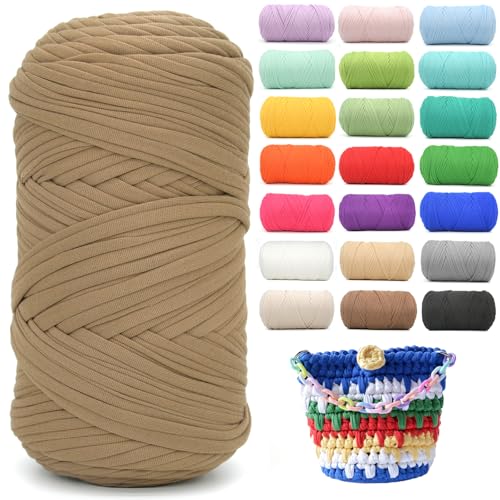 T-Shirt-Garn zum Häkeln, Khakibraun, T-Shirt, weicher, elastischer Stoff, grob, dick, T-Shirt-Häkelgarn zum Häkeln, Stricken, Anfänger, Handstricken für Taschen/Basteln/Heimdekoration, dunkles Khaki von YARFOFUN