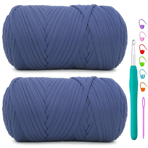 T-Shirt-Garn zum Häkeln, marineblau, für T-Shirts, weicher, elastischer Stoff, grob, dick, T-Shirt-Häkelgarn zum Häkeln, Stricken, Anfänger, Handstricken, Tasche, Basteln, Heimdekoration, 2 x 400 g T-Shirt-Garn zum Häkeln, marineblau, für T-Shirts, weicher, elastischer Stoff, grob, dick, T-Shirt-Häkelgarn zum Häkeln, Stricken, Anfänger, Handstricken, Tasche, Basteln, Heimdekoration, 2 x 400 g von YARFOFUN