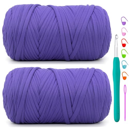 T-Shirt-Garn zum Häkeln, violettes T-Shirt, weicher, elastischer Stoff, grob, dick, T-Shirt-Häkelgarn zum Häkeln, Stricken, Anfänger, Handstricken, Tasche, Basteln, Heimdekoration, 2 x 400 g von YARFOFUN