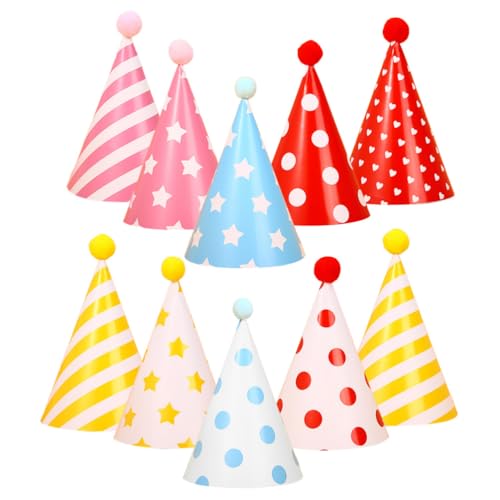 YARNOW 10 Partyhüte Für Geburtstage – Kopfbedeckungen In Papierkegelform Mit Lustigen Pompons Verzierte Kappen Für Feiern Partys Und Veranstaltungen Für Erwachsene Und Kinder von YARNOW