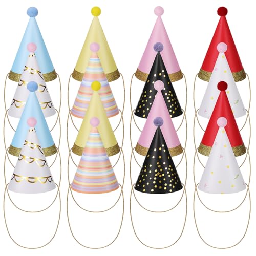 YARNOW 16-Teilige Partyhüte Für Geburtstage: Dekorationszubehör Für Geburtstage – Glitzernde Kegelhüte Für Kinder Mit Bommeln Für Erwachsene Und Kinder Als Feiertagsgeschenke von YARNOW