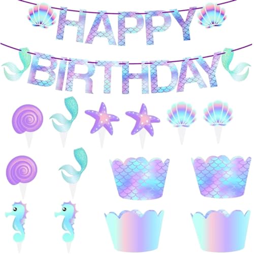 YARNOW 51 Stück Mermaid Cake Toppers Teiliges mit Bunten Cupcake Wrappers und Dekorationen für Meerjungfrauen Geburtstagsfeiern Passende Party Accessoires für Unvergessliche Anlässe von YARNOW