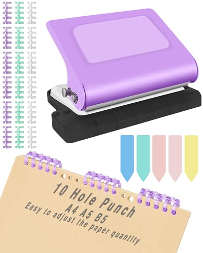 10-Loch-Bindemaschine für Planer, Papierstanzer mit Ringen, stanzt Löcher auf B5, A4, A5-Papier, manuelles Metallbindungssystem, handlicher Metallkreis-Papierstanzer für Zuhause, Büro, Studium, Lila von YARUKIMA