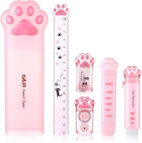 Niedliches Katzenpfoten-Schreibwaren-Set, 6-teilig, Kawaii-Katzen-Schreibwaren-Set, Bleistiftspitzer, einziehbarer Radiergummi, Korrekturband, Lineal, Schulbedarf für Katzenliebhaber, Studenten Niedliches Katzenpfoten-Schreibwaren-Set, 6-teilig, Kawaii-Katzen-Schreibwaren-Set, Bleistiftspitzer, einziehbarer Radiergummi, Korrekturband, Lineal, Schulbedarf für Katzenliebhaber, Studenten von YASAKUE
