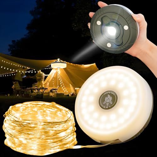 YATOSEEN Camping Lichterkette Aufrollbar, 10M Outdoor Lichterkette Wasserdicht, 2000mAh Tragbare LED Lichterkette USB Aufladung für Camping, Partys, Wandern Outdoor Außen（Warmes） von YATOSEEN