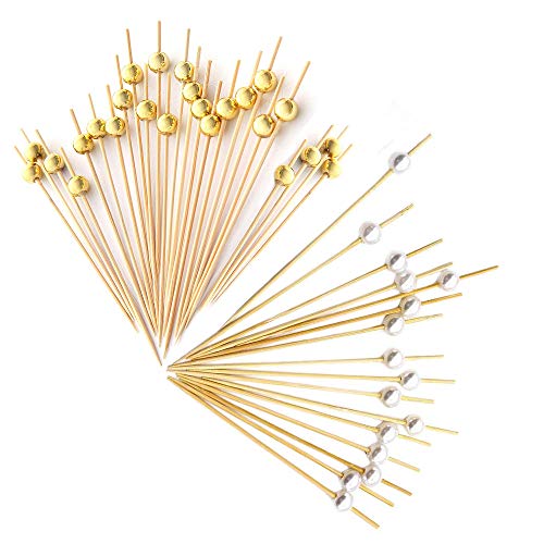 200 Cocktail Stick Cocktailspieße Spieße Holz Zahnstocher Fruchtstangen Bambus Picks Food Sticks 12cm (Goldene, weiße) von YAVO-EU