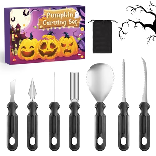 YAVOCOS Halloween Kürbis Schnitzset - 7 Stück Kürbis Schnitzmesser Set Professionelle Schnitzwerkzeug Kürbis mit Aufbewahrungstasche Edelstahl Kürbisschnitzwerkzeuge für Halloween Dekoration DIY YAVOCOS Halloween Kürbis Schnitzset - 7 Stück Kürbis Schnitzmesser Set Professionelle Schnitzwerkzeug Kürbis mit Aufbewahrungstasche Edelstahl Kürbisschnitzwerkzeuge für Halloween Dekoration DIY von YAVOCOS
