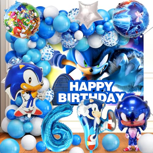 79 Stück Sonic Geburtstagsdeko, Sonic Deko Geburtstag 6 Jahre, Sonic Ballon, Hintergrund, Sonic Luftballon Geburtstag, Folienballon, Latex Luftballons, für Kindergeburtstag Dekoration von YAXMME