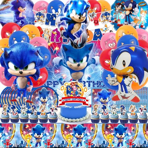 83 Stück Sonic Geburtstag Party Set, Sonic Geburtstagsdeko, Sonic Geburtstag, Sonic Tortendeko, Sonic Luftballon, Folien Ballons, Hintergrundstoff, Speiseteller, Banner, Party Dekoration von YAXMME