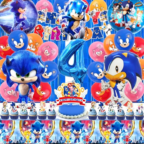 Sonic Geburtstagsdeko 4 Jahre, 54 Stück Sonic Geburtstag Party Set, Sonic Deko, Sonic Kindergeburtstag, Sonic Tortendeko, Sonic Luftballon, Fahnen, Tischdecke, Geeignet für Kindergeburtstage von YAXMME