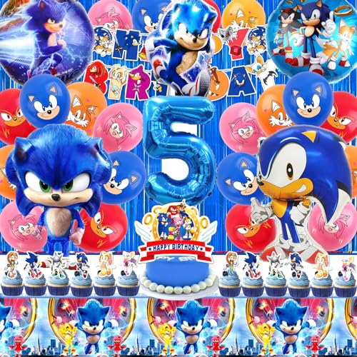 Sonic Geburtstagsdeko 5 Jahre, 54 Stück Sonic Geburtstag Party Set, Sonic Deko, Sonic Kindergeburtstag, Sonic Tortendeko, Sonic Luftballon, Fahnen, Tischdecke, Geeignet für Kindergeburtstage von YAXMME