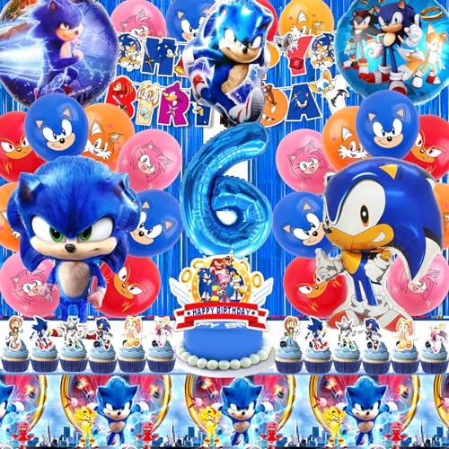 Sonic Geburtstagsdeko 6 Jahre, 54 Stück Sonic Geburtstag Party Set, Sonic Deko, Sonic Kindergeburtstag, Sonic Tortendeko, Sonic Luftballon, Fahnen, Tischdecke, Geeignet für Kindergeburtstage von YAXMME