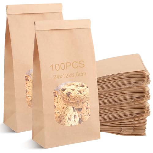 YAYODS 100 Stück Papiertüten mit Fenster - 24 x 12 x 6.5 cm Kraftpapier Tüten Klein - Papiertüten Braun mit Verschluss - Brottüten Papier für Kekse, Toast, Sandwich, Süßigkeiten, Kaffeebohnen von YAYODS
