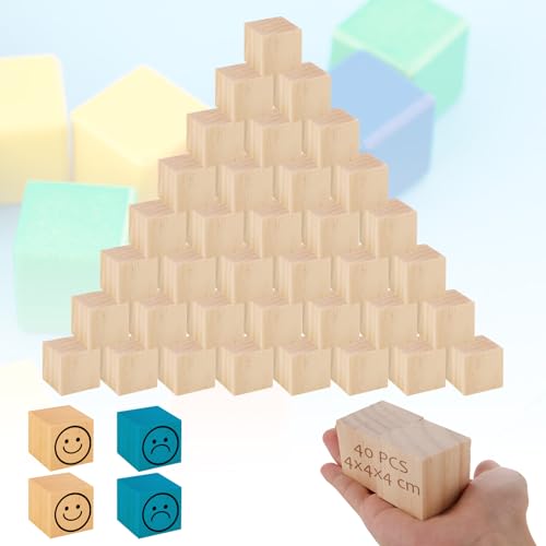 YAYODS 40 Stück Holzwürfel - 4 x 4 x 4cm Unfertige Kiefer Holzklötzchen zum Basteln - Natürliche Deko Bastelklötzchen - Blanko Würfel Holzklötze - Massiv Holzblock für DIY Handwerk, Bemalen, Bausteine von YAYODS
