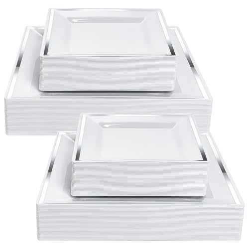 YAYODS 50 Stück Plastikteller Kunststoffteller Mehrweg - 24/16,5 cm Kuchenteller Weiss - Teller Eckig mit Silbernem Rand - Frühstücksteller Plastik Teller Set für Hochzeiten Geburtstage Partys YAYODS 50 Stück Plastikteller Kunststoffteller Mehrweg - 24/16,5 cm Kuchenteller Weiss - Teller Eckig mit Silbernem Rand - Frühstücksteller Plastik Teller Set für Hochzeiten Geburtstage Partys von YAYODS
