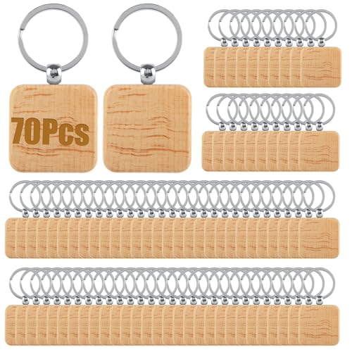 YAYODS 70 Stück Holz-Schlüsselanhänger-Rohlinge, quadratische Holzrohlinge mit Schlüsselringen, Gravur, Holz-Schlüsselanhänger für DIY Handwerk Geschenk von YAYODS