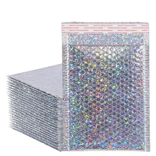 Luftpolster-Versandtaschen, 50 Stück holografischer Versandumschlag, silberfarben, Kuriertasche, gepolsterte Luftpolsterumschläge, Verpackungsbeutel for den Versand(8X8cm 50Pcs) von YBAAKZIIR