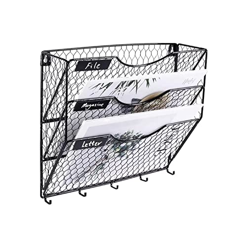Mesh Wandliteraturhalter， 3-stufiger Zeitschriftenhalter, Zeitungsständer-Organizer mit Haken, Zeitungskörbe for Schulzeitungen, Dokumente, Post(Black) von YBAAKZIIR