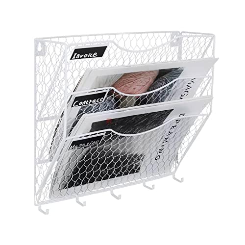 Mesh Wandliteraturhalter， 3-stufiger Zeitschriftenhalter, Zeitungsständer-Organizer mit Haken, Zeitungskörbe for Schulzeitungen, Dokumente, Post(White) von YBAAKZIIR