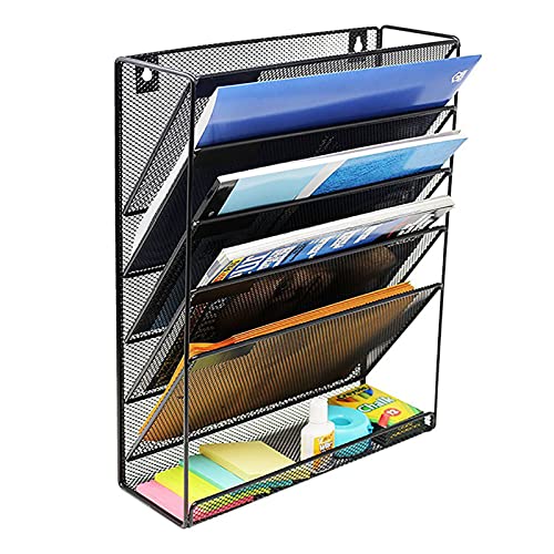 Mesh Wandliteraturhalter， 5-lagiges Zeitungsständerregal aus Metall, schwebende Bücherregale zur Wandmontage, Dokumentenablageständer, Schreibtisch-Organizer(Black) von YBAAKZIIR