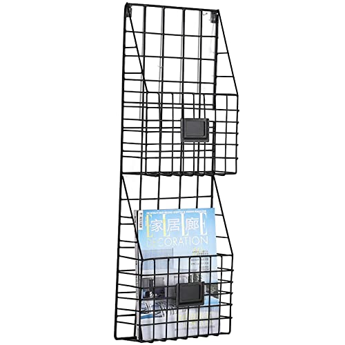 Mesh Wandliteraturhalter， An der Wand montierter Zeitschriftenständer, dekorativer Zeitungs-Bücherregal-Ständer, Ablagekorb, schwebende Regale, for Büro, Wohnzimmer, Schlafzimmer, 2-lagig(Black) von YBAAKZIIR