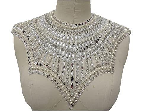 Stickerei-Spitzenapplikation, Handgemachte silber-weiße Perlen Strass dekorative Spitze Blumenstück glänzende Perlen Kragen Kleid Zubehör Stickerei-Spitzenapplikation, Handgemachte silber-weiße Perlen Strass dekorative Spitze Blumenstück glänzende Perlen Kragen Kleid Zubehör von YBAAKZIIR