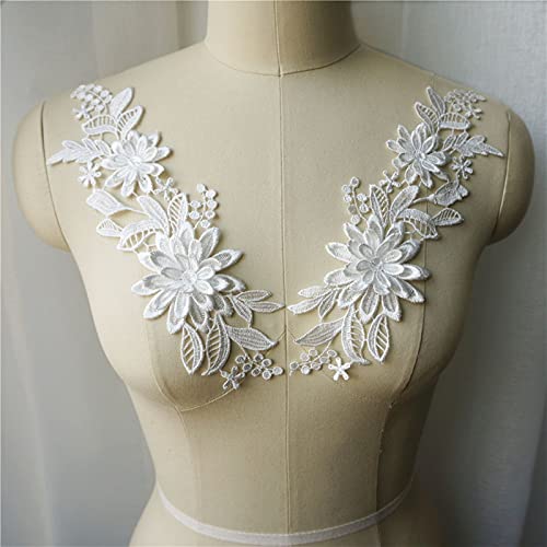 YBAAKZIIR Stickerei-Spitzenapplikation, 2 STÜCKE Weiß Schwarz Rot Blau 3D Blume Stoff Applikationen Bestickt Kleid Kragen Nähen Auf Patches for Hochzeit Dekoration Kleid(White) von YBAAKZIIR