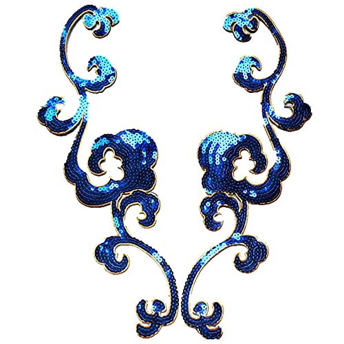 YBAAKZIIR Stickerei-Spitzenapplikation, 2 Stück Gold Silber Pailletten Flora Applikationen Kragen Patches Aufnäher Aufbügler for Kleid Hochzeit Dekoration Handwerk Blau Rot Rosa(Royal Blue) von YBAAKZIIR