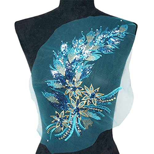 YBAAKZIIR Stickerei-Spitzenapplikation, 40CM Pailletten Feder Schwanz Blumen Spitze Trimmt Mesh Nähen Auf Patches Stickerei for Hochzeit Applikationen Dekoration(Light Blue) von YBAAKZIIR