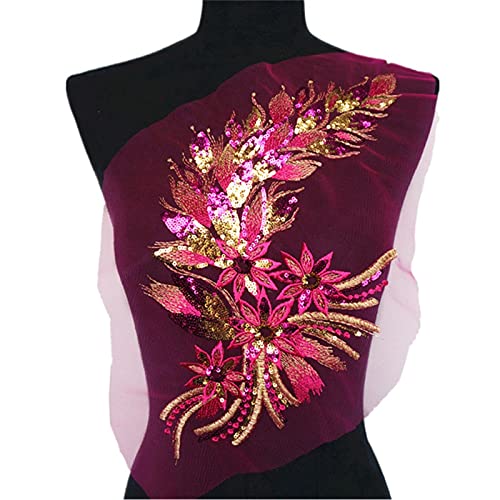 YBAAKZIIR Stickerei-Spitzenapplikation, 40CM Pailletten Feder Schwanz Blumen Spitze Trimmt Mesh Nähen Auf Patches Stickerei for Hochzeit Applikationen Dekoration(Rose Red) von YBAAKZIIR