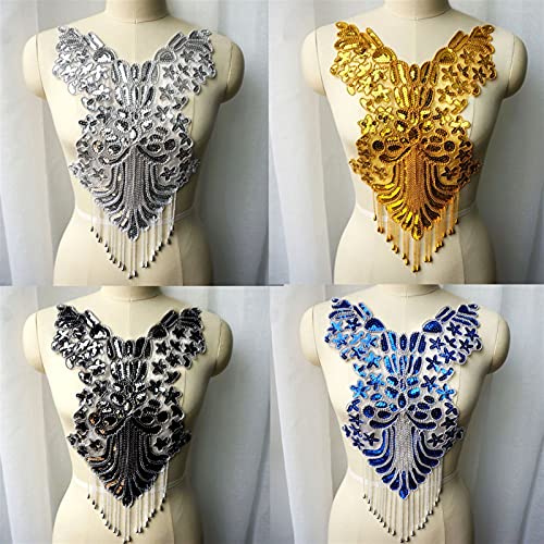 YBAAKZIIR Stickerei-Spitzenapplikation, Gold Silber Blau Pailletten Spitze Stoff Perlen Quaste Brautkleid Applikationen Verträumte Kragen Stickerei Nähen Patch for Kleid Dekor(Gold) von YBAAKZIIR