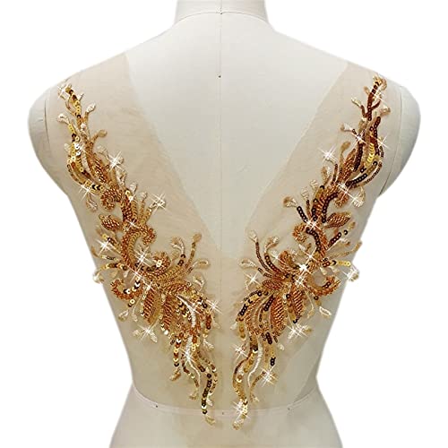 YBAAKZIIR Stickerei-Spitzenapplikation, Goldgelbe Perlen Pailletten Designer Couture Nähen Pailletten Strass Patches Kleidung Applikationen for Brautkleider 4 Größe(Champagne) von YBAAKZIIR