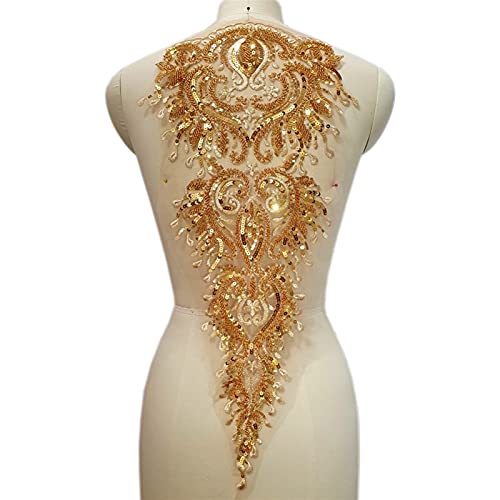 YBAAKZIIR Stickerei-Spitzenapplikation, Goldgelbe Perlen Pailletten Designer Couture Nähen Pailletten Strass Patches Kleidung Applikationen for Brautkleider 4 Größe(Gold) von YBAAKZIIR