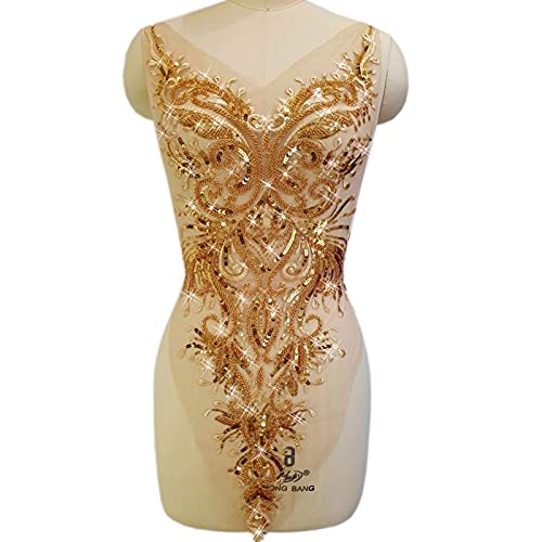 YBAAKZIIR Stickerei-Spitzenapplikation, Goldgelbe Perlen Pailletten Designer Couture Nähen Pailletten Strass Patches Kleidung Applikationen for Brautkleider 4 Größe(Yellow) von YBAAKZIIR