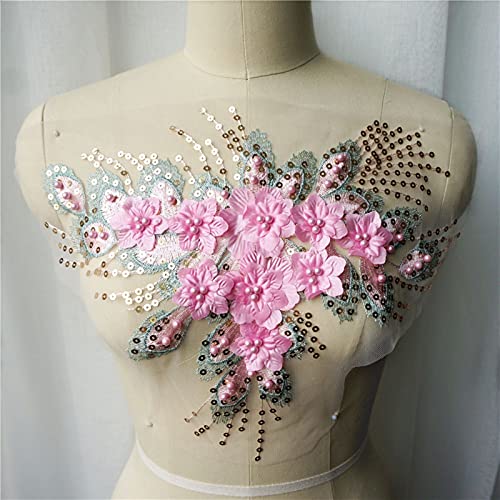 YBAAKZIIR Stickerei-Spitzenapplikation, Pailletten Quaste 3D Blume Perlen Spitze Stoff bestickte Applikationen Kragen Nähen Patch for Hochzeit Dekoration Kleid(Pink) von YBAAKZIIR