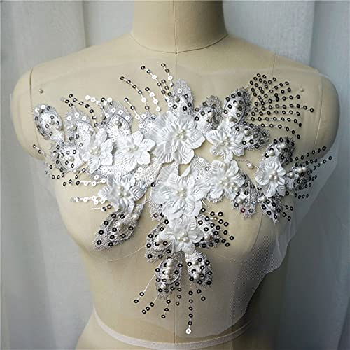 YBAAKZIIR Stickerei-Spitzenapplikation, Pailletten Quaste 3D Blume Perlen Spitze Stoff bestickte Applikationen Kragen Nähen Patch for Hochzeit Dekoration Kleid(White) von YBAAKZIIR