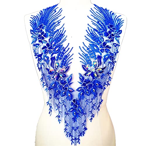 YBAAKZIIR Stickerei-Spitzenapplikation, V-Ausschnitt, königsblau, Perlen, for Aufnähen, Kristallstein, Strass-Aufnäher, Nähen for Kleidung, Applikationen, Aufnäher, Kleidung, Hochzeitskostüm(32x59cm) von YBAAKZIIR