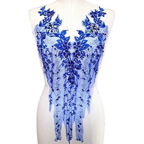 YBAAKZIIR Stickerei-Spitzenapplikation, V-Ausschnitt, königsblau, Perlen, for Aufnähen, Kristallstein, Strass-Aufnäher, Nähen for Kleidung, Applikationen, Aufnäher, Kleidung, Hochzeitskostüm(30x65cm) von YBAAKZIIR