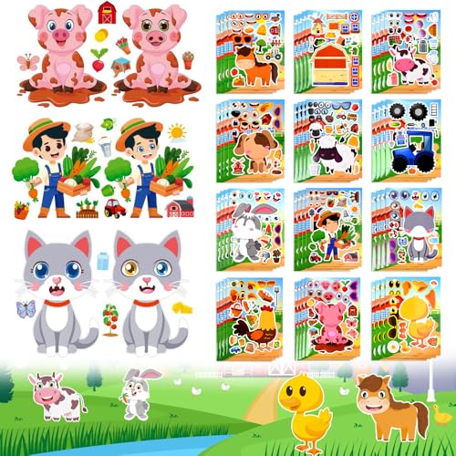 YBCCBY 48 Blätter DIY Bauernhoftiere Aufkleber Make a Gesicht Gesichtsaufkleber Wiederverwendbare Tieraufkleber Tier Sticker Stickerbögen Puzzle für Laptop Scrapbook Party von YBCCBY