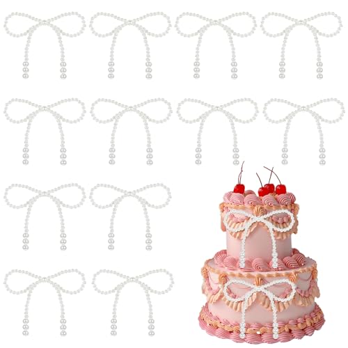 YBEATY 12 Stück weiße Perlenschleifen, Kuchendekoration, cremefarbene Schleifen, Kuchendekorationen, Blumenverpackung, Dekorationen, Schleife, Cupcake-Topper, Partyzubehör für Hochzeit, Braut von YBEATY